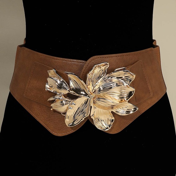 Gold or Silver Metal Floral Buckle Accent Wide Stretch Elastic Statement Belt main image 5